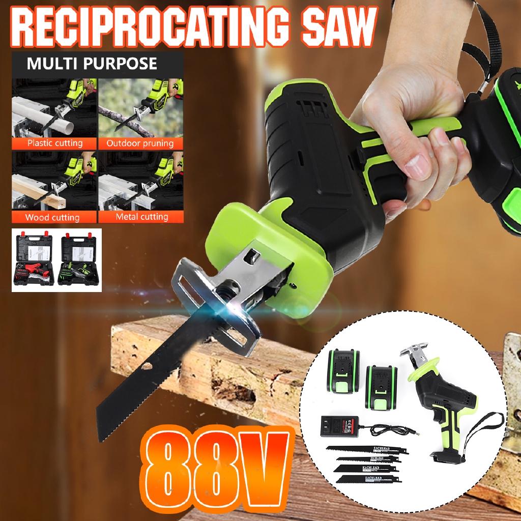88V Cordless Reciprocating Saw +4 Saw Blades Metal Cutting Wood Tool Portable Metal Woodworking Cutters W/2 Battery