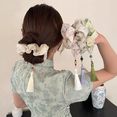 Fabric National Style Ink Tang Buckle Tassel Large Intestine Hair Band Niche Fashion High-end Hair Rope Hanfu Headdress