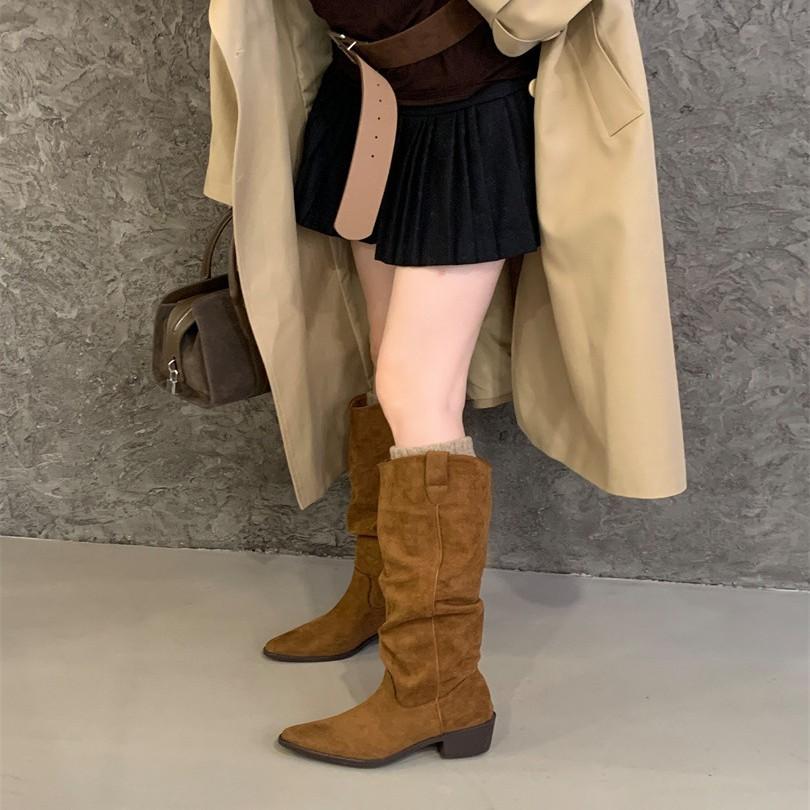 Pile Boots Vintage Suede Khaki Boots 2025 Women's Boots French Autumn Skinny Boots Thick Heel High Boots