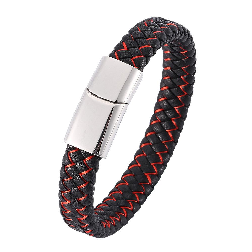 Punk Men Braided Genuine Braided Blue Leather Bracelet Black Stainless Steel Magnetic Buckle Bracelet Gifts Homme Pulsera