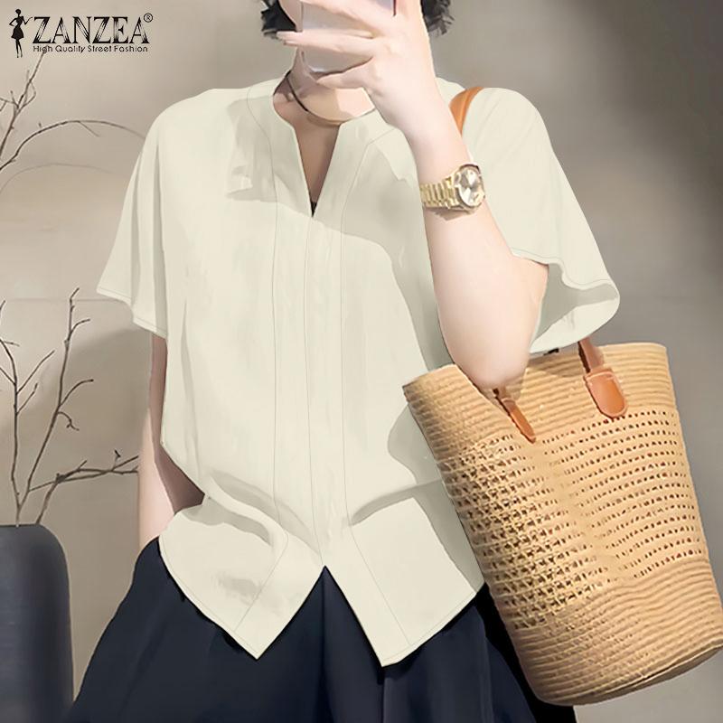ZANZEA Women Casual V-Neck Loose Summer Short Sleeve Blouse