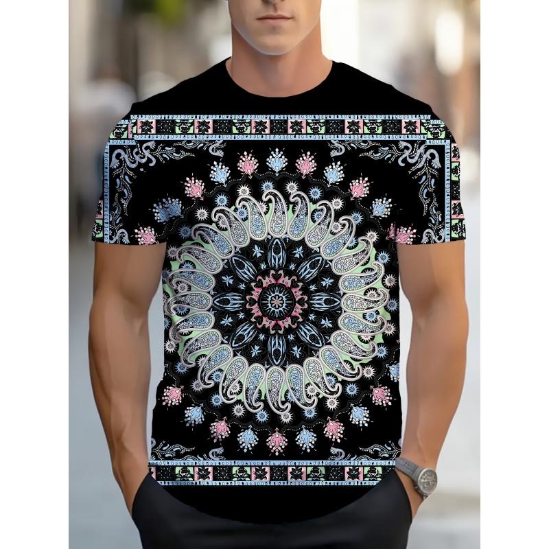 Men's colorful ethnic printed T-shirt, retro elephant 3D printed T-shirt, summer street round neck loose short sleeved T-shirt