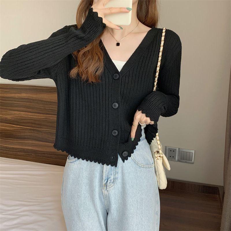 Womens V-Neck Ribbed Knit Cardigan Long Sleeve Slim Fit Outerwear Top Casual Korean Style