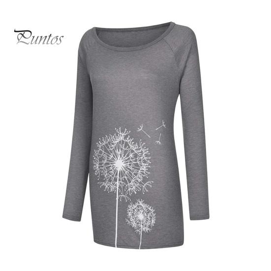 Damen-Tunika-Oberteil in Übergröße mit Löwenzahn-Print, Longline-Shirt, Rundhalsausschnitt, Langarm, Pullover, T-Shirt, lässige Bluse mit lockerer Passform für die Arbeit, den Alltag
