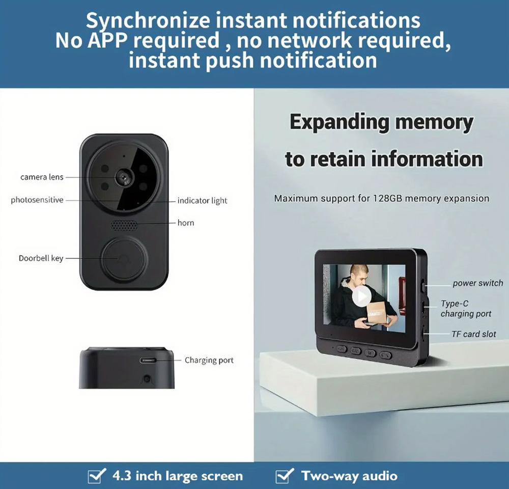4.3-Inch Smart Wireless Video Doorbell with Two-Way Talk and Peephole Camera