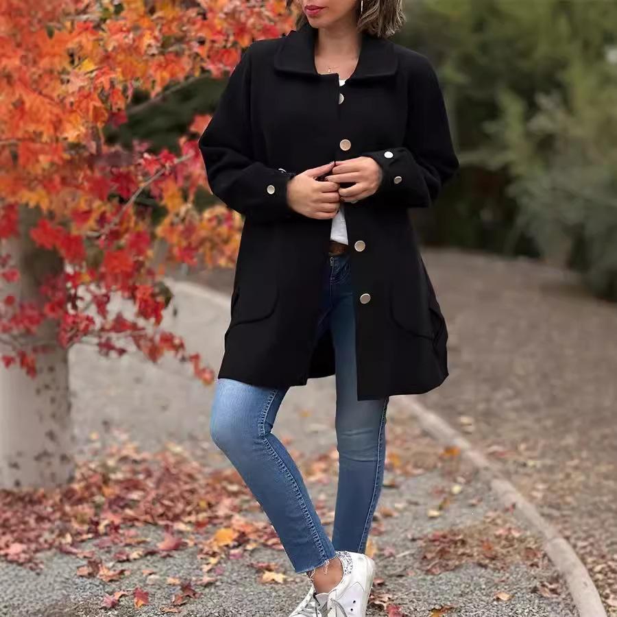 New Autumn Winter Women's Lapel Collar Solid Color Casual Bowknot Woolen Coat
