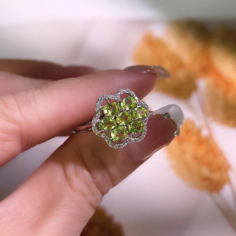 S925 Sterling Silver Leaf Ring For Women European Fashion Natural Peridot Crystal Jewelry High Sense Minimalist Finger Ornament