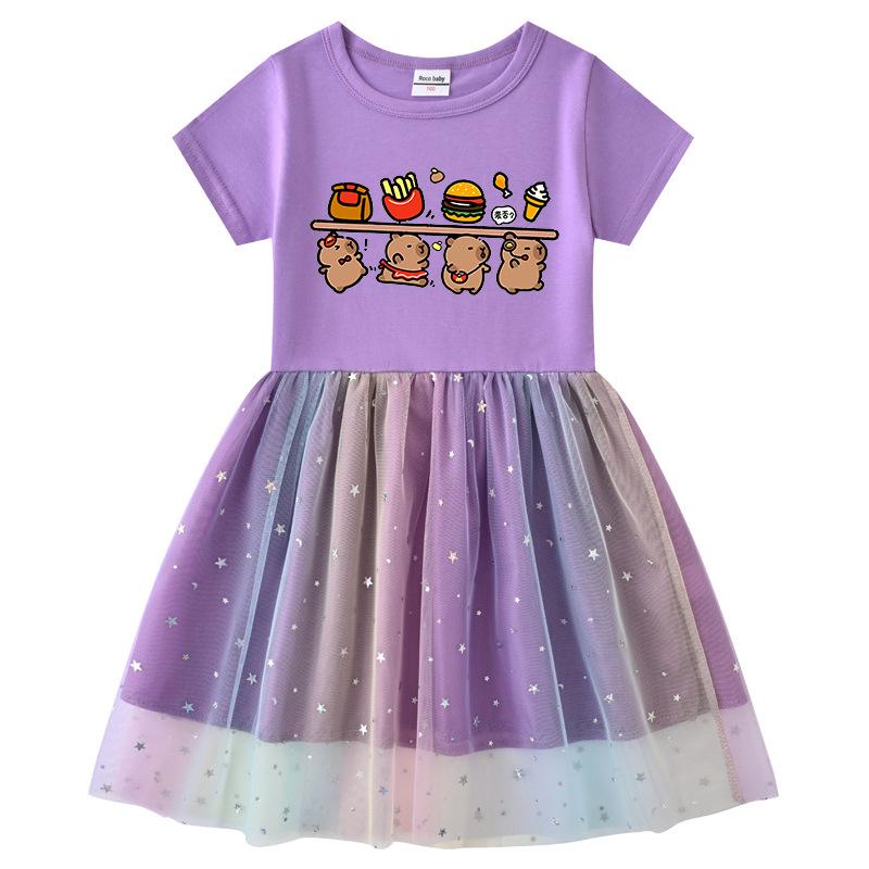 Korean Style Children's Princess Dress with Stars, Rainbow Sequins, Mesh Pleats, Short/Long Sleeves for Spring, Summer, Autumn