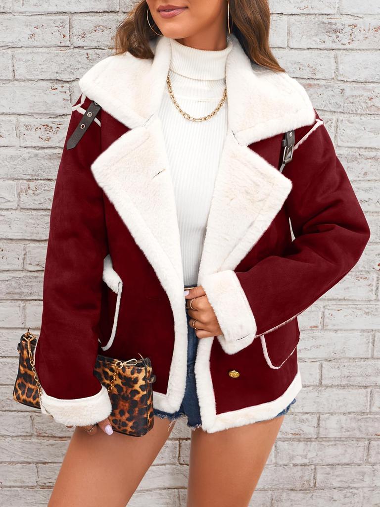 Women's Brown and White Contrast Faux Shearling Jacket with Gold Buttons