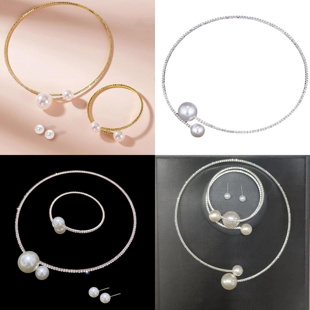 Artificial Pearl Jewelry Set With Diamondaccented Necklace Earrings And Bracelet For Women