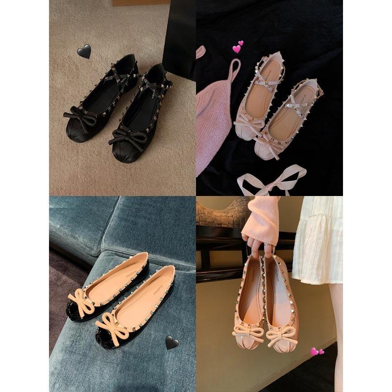 Sheepskin version cross strap Mary Jane shoes women's bow rivet round head flat ballet style single shoes