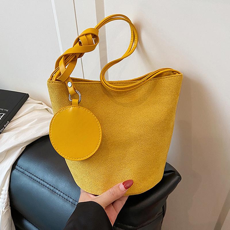 Solid Color Women Suede Shoulder Bucket Bags Large Capacity Versatile Ladies Underarm Tote Casual Female Phone Handbags Purse CLE