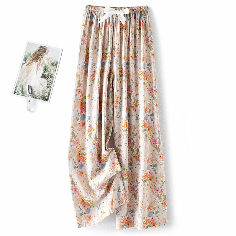 Pantaloni de pijama din bumbac mătase pentru femei, secțiune subțire de vară, anti-țânțari, pantaloni cu picior lat, culoare uni, pentru exterior, casă, petrecere a timpului liber, imprimeu, pantaloni de plajă până la genunchi