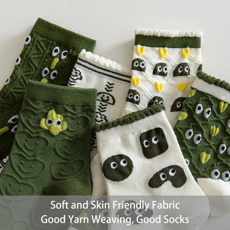 5 Pairs of Women's Spring and Summer Four-season Green Fun Eyes Personalized Cartoon Comfortable Mid-calf Socks
