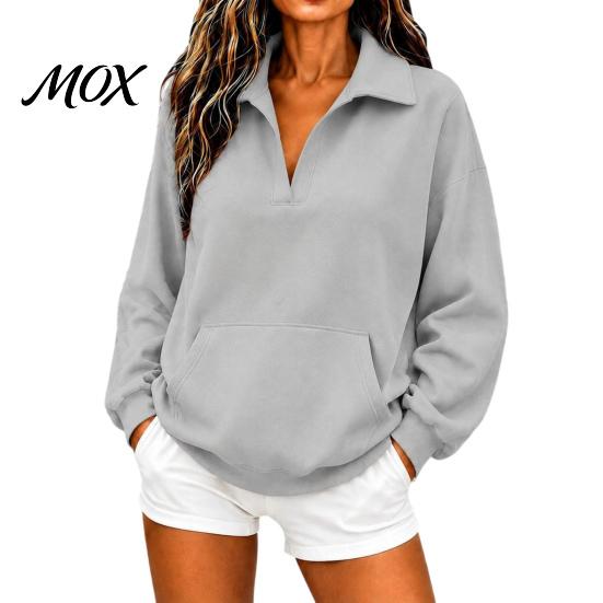 Ribbed Cuff Pullover Women V-Neck Sweatshirt with Kangaroo Pocket, Fit Drop-Shoulder Top, Loose Casual Long Sleeve Top for Autumn Winter Drop Shoulder