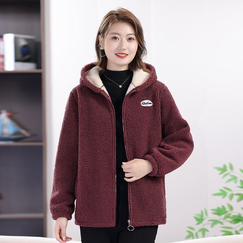 Autumn and Winter Granular Fleece Hooded Jacket Women's Loose Plus Fleece Thickened Western Style Age-reducing Lamb Fleece Top Warm Cotton Coat