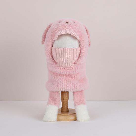 Kids Hat with Face Guard Scarf Plush Inner Lining Solid Color Bear Shape Warm Windproof Knit Hat Autumn Winter Outdoor Wear