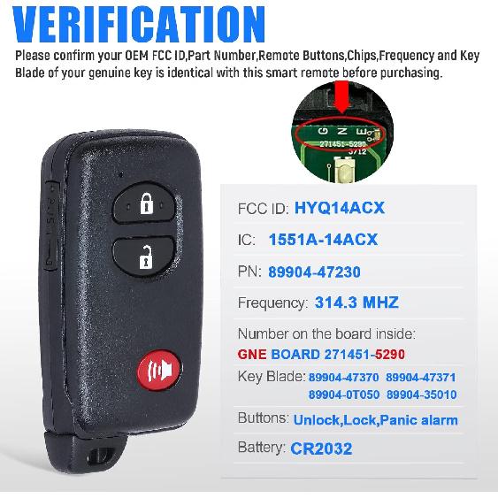 Keyless Entry Smart Prox Remote Key Fob Replacement for Toyota Venza Prius C V 4 Runnner Scion TC(FCC ID:HYQ14ACX PN:89904-47230 271451-5290 GNE