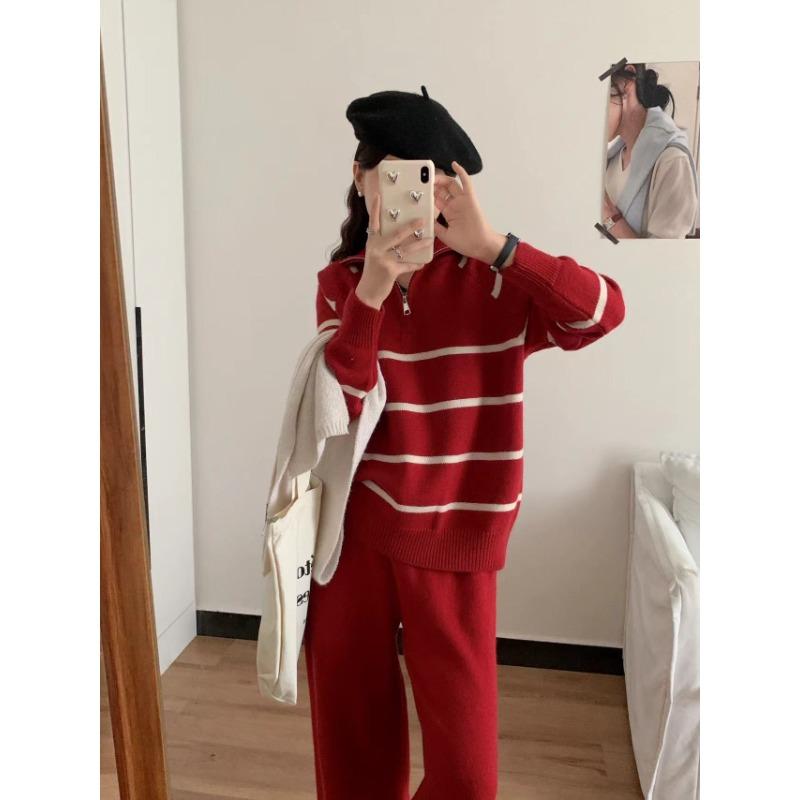 

Женский осенне-зимний трикотажный костюм в полоску с застежкой-молнией на лацкан one size fits all красный