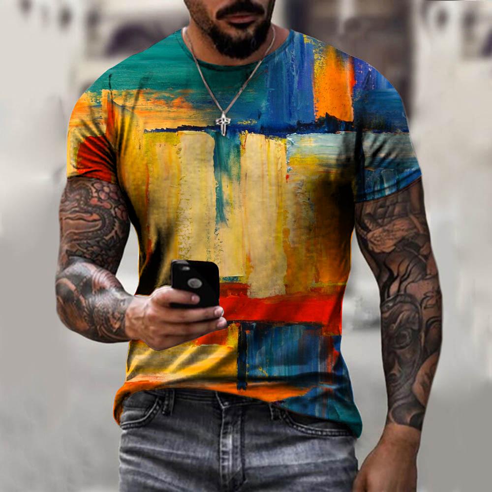 Retro Men's Personalized Color Striped Printed T-shirt Casual Fashion Trend Harajuku Round Neck Top Creative Hip-hop Cool Short Sleeved Streetwear