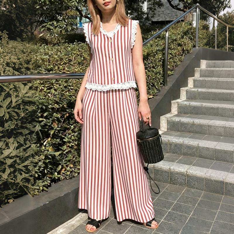 ZANZEA Women Casual Sleeveless Vest Tops and Long Pants Stripe Print Two Piece Sets S