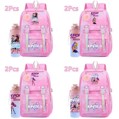2 Piezas/set Mochila de Dibujos Animados Kpop Estampada con Botella de Agua de 750ml para Adolescente Niña Niño Mochila Escolar Regalo para Niños Bolso de Viaje de Gran Capacidad Mochila