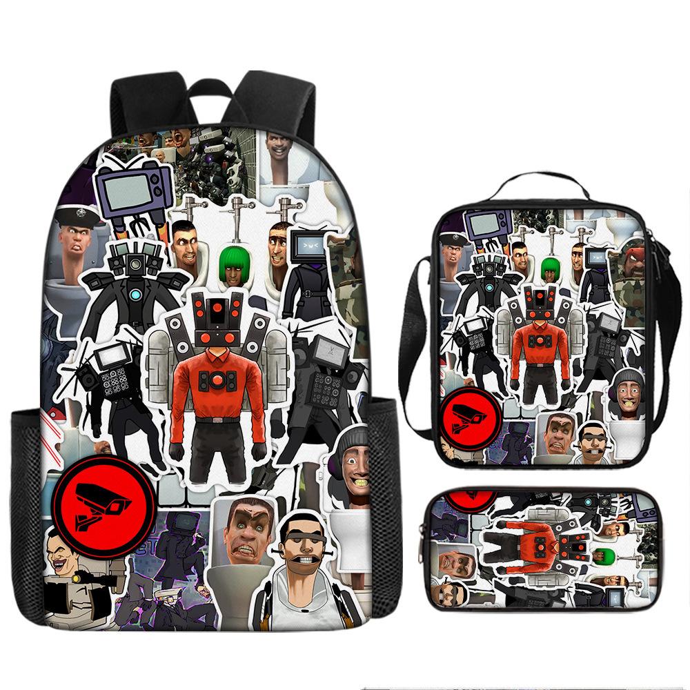 Toilet Man Backpack Trendy Backpack European and American Retro Schoolbag Cartoon Backpack Three-piece Set