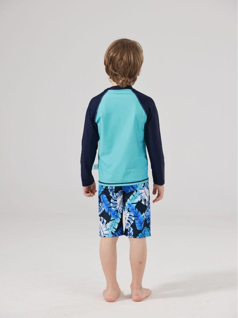 Korean Style Boys' Dinosaur Long-Sleeve Two-Piece Swimsuit with Sun Protection, Quick-Drying, for Older Children.