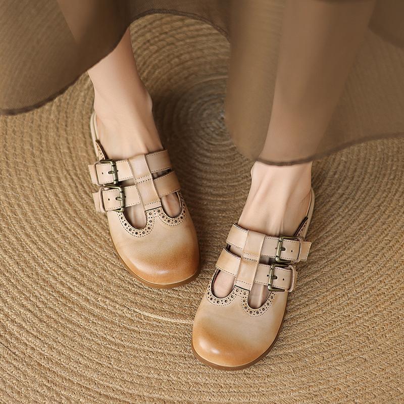 Fashion New Fashion Sandal Women Pumps Shoes Sexy Slingback Heels Retro Leather Party Casual Summer Round Toe Shoes Mueller Slippers