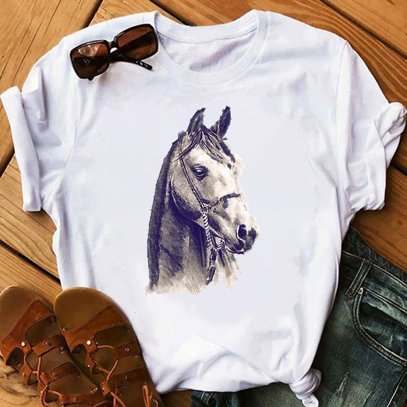 Horse Head Print Women T Shirt Aesthetic Art Short Sleeve Clothing Female T-Shirt Harajuku Graphic Clothing Women's Top