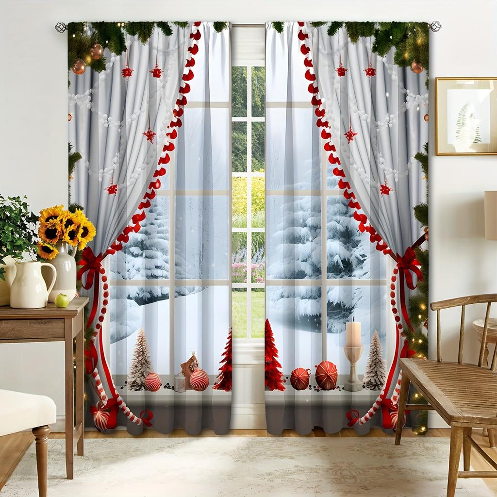 2 szt. Zestaw Świąteczne Gałązki Sosny Dekoracyjne Drukowane Zasłony do Sypialni Salonu Idealny Prezent Świąteczny Wystrój Domu Boże Narodzenie