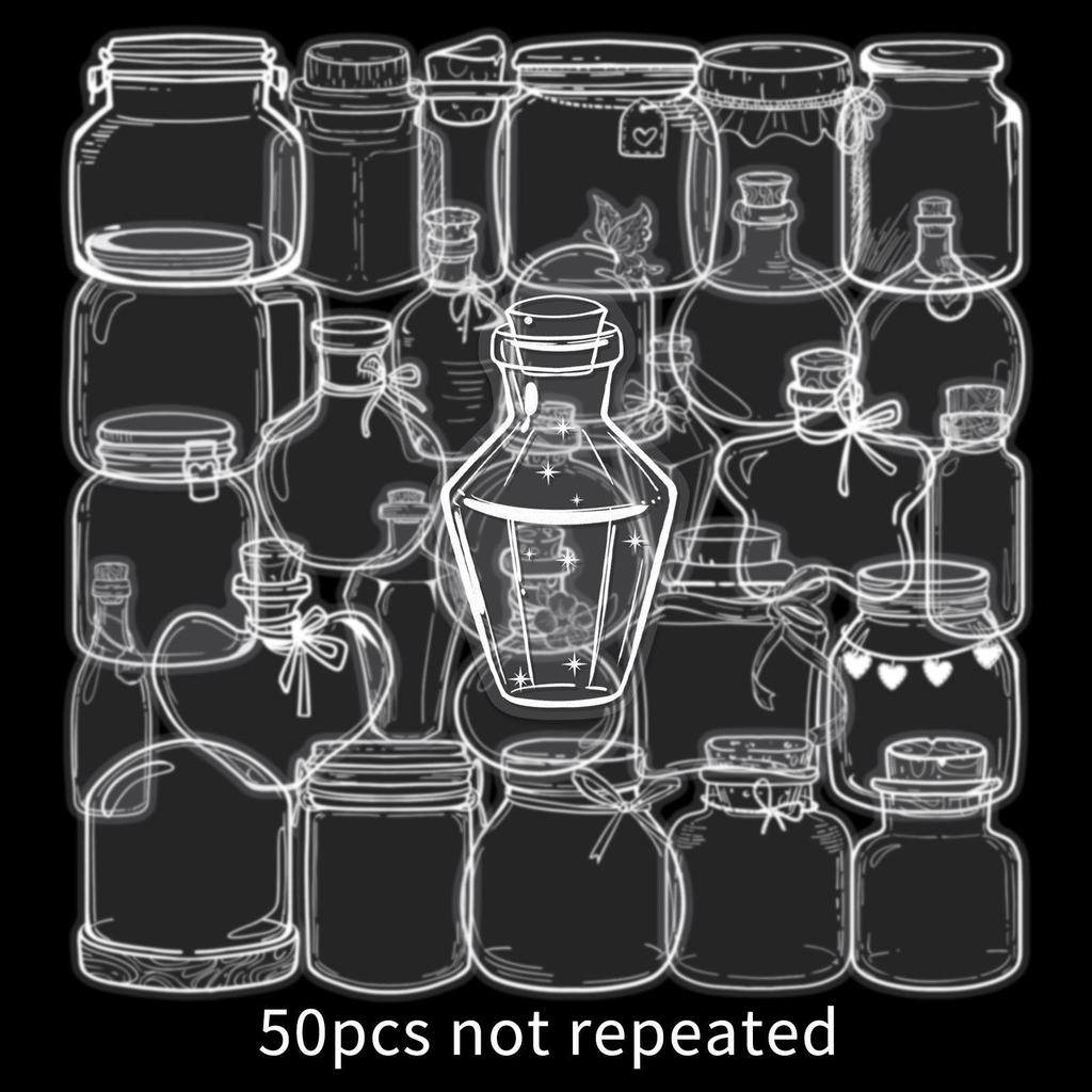 50 Transparent Cartoon Bottle Stickers - Waterproof PET DIY Decoration for Journals