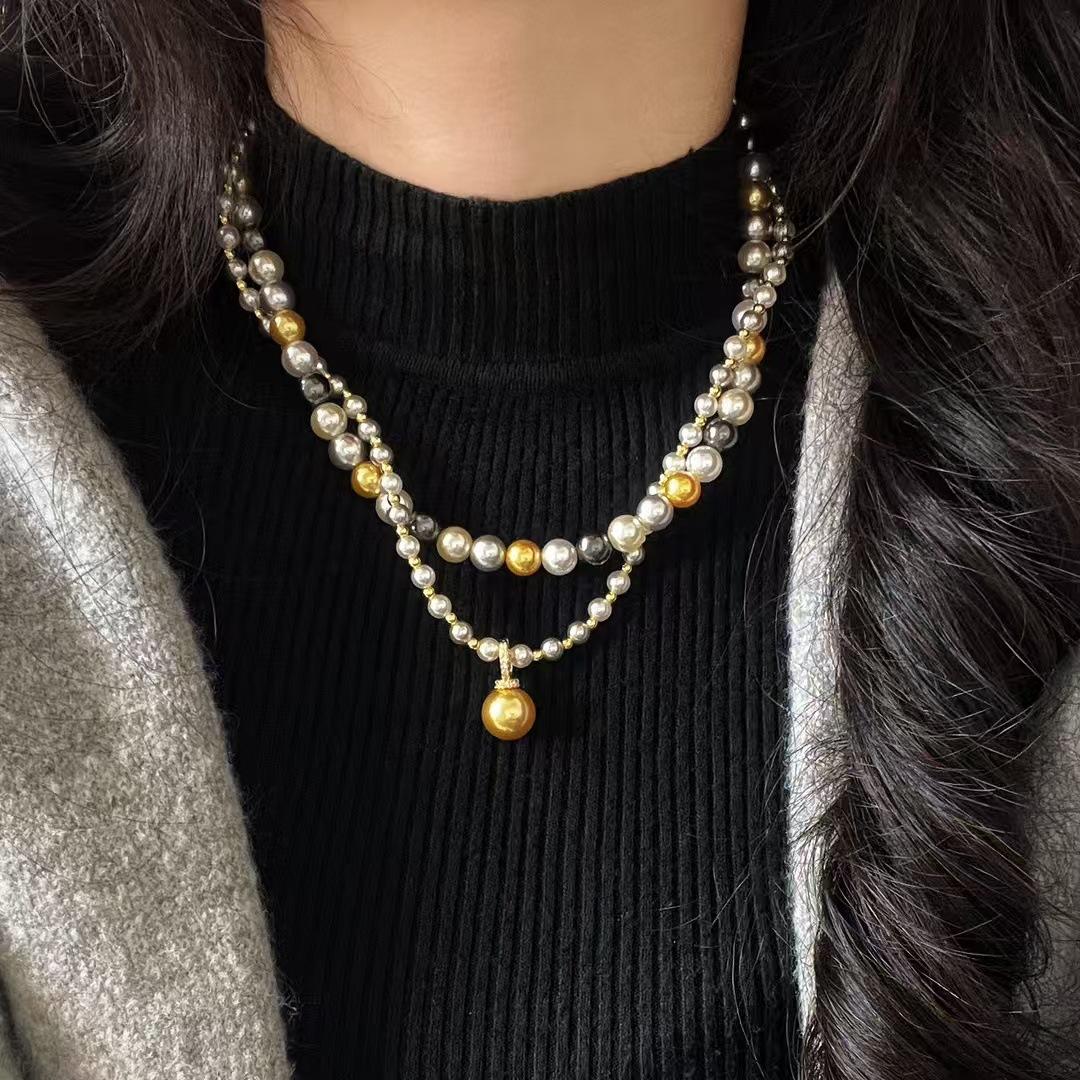 Vintage Design Highlight Faux Crystal Pearl Double Wrap Clavicle Chain Sweater Chain Pendant