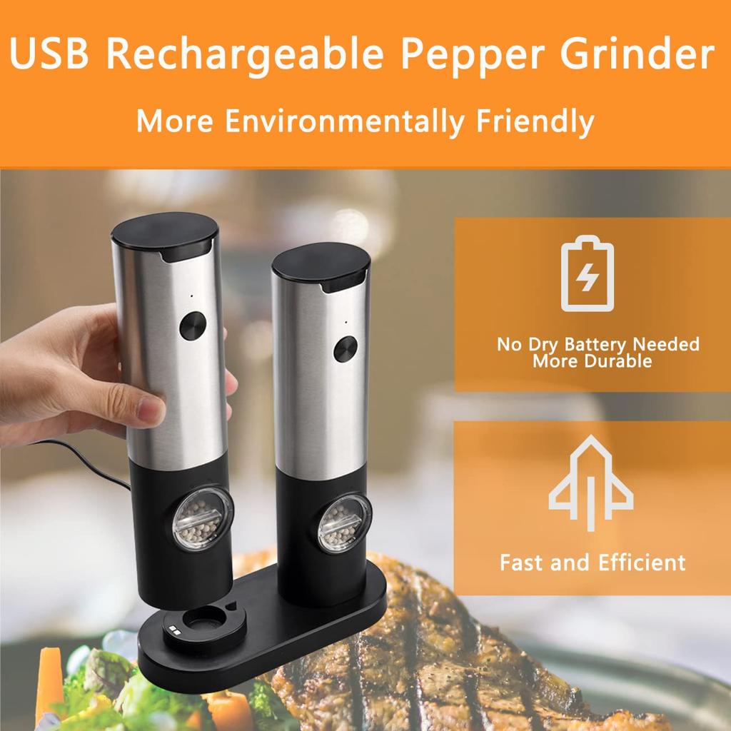 Electric Salt and Pepper Grinder Set USB Rechargeable With Charging Base Automatic Black Peppercorn and Sea Salt Spice Mill Set