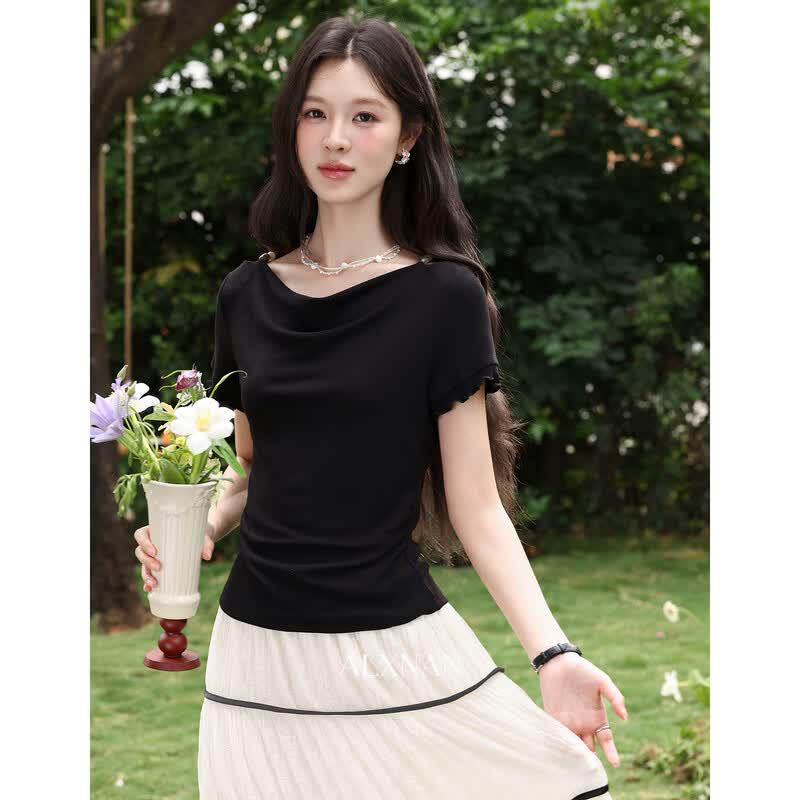 Luxiangnan Elegant Slim-Fit Cowl Neck Short Sleeve T-Shirt S