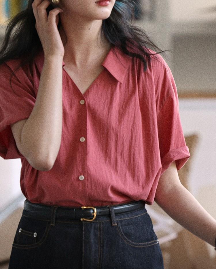 

Женская рубашка NVYIS с коротким рукавом и заостренным воротником - Универсальный свободный топ на весну/лето Large