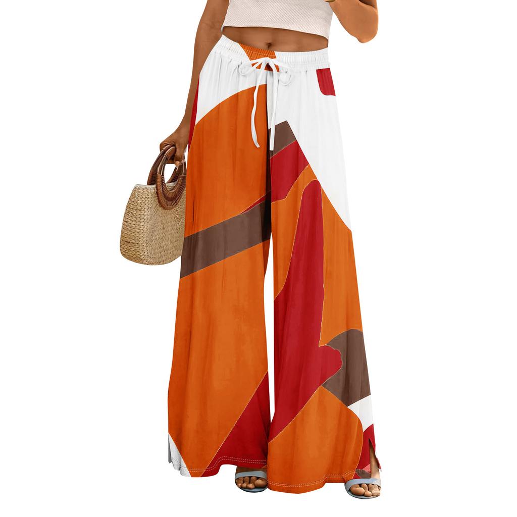 Women Summer Boho Palazzo Pants High Waist Wide Leg Floral Printing Casual Trousers With Pockets