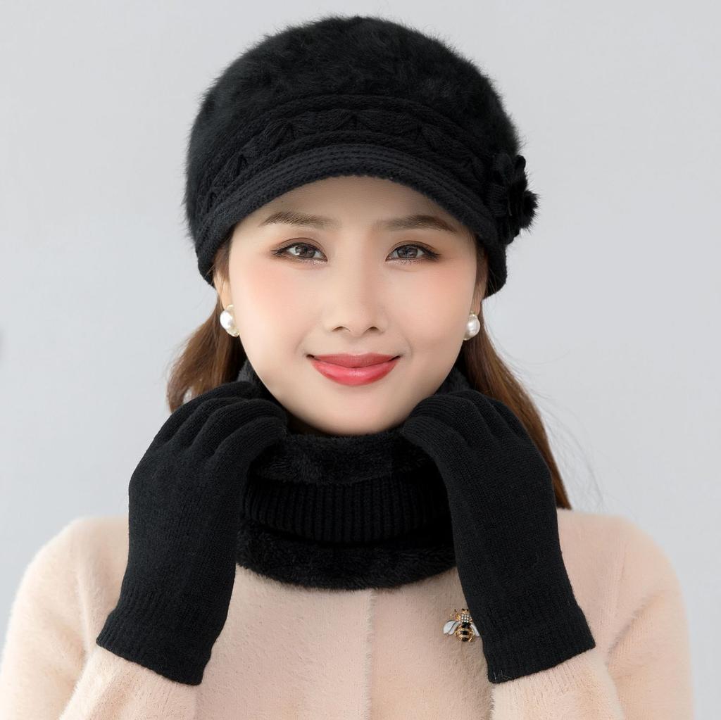 New Women Winter Hat Keep Warm Cap Add Fur Lined Hat & Scarf Warm Set Fashion Hat For Women Casual Faux Fur Flower Knitted Hat