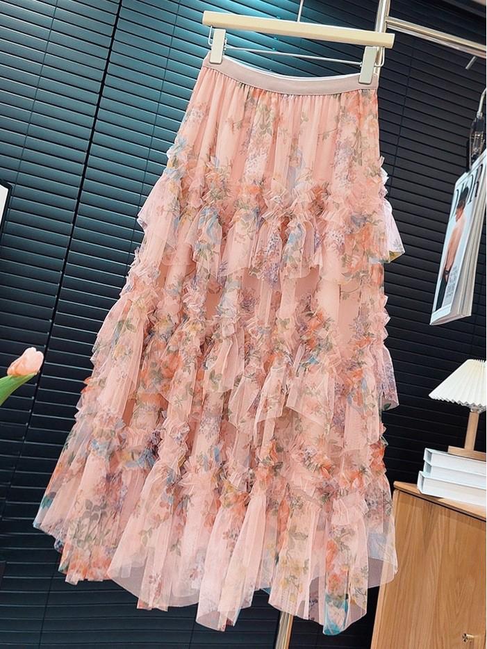 Patchwork Floral Mesh Fluffy Skirt – Women's Long Skirt with Large Hem