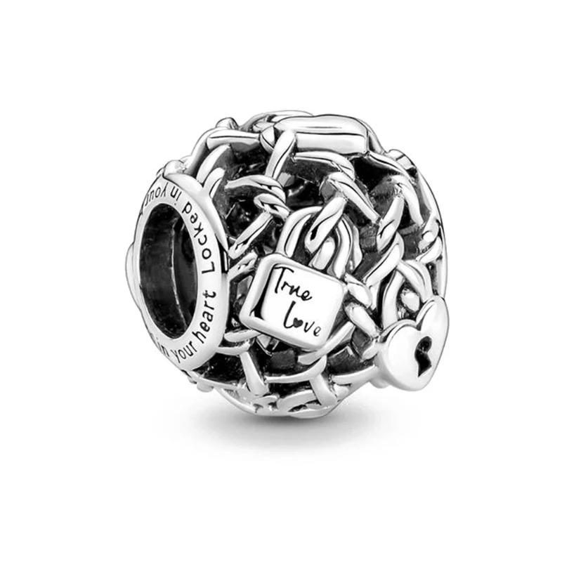 

925 Silver Heart Lock Key Charm Pendant for Bracelet Jewelry DIY Gift Dangle Beads Keychain