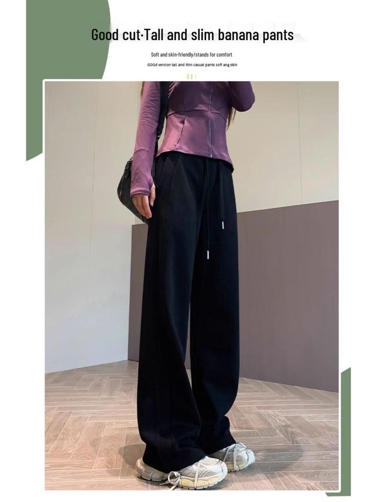 Women's Black Wide-Leg & Narrow Straight-Leg Sweatpants - Spring & Autumn 2025 Collection, Plus Velvet, Casual Banana Style
