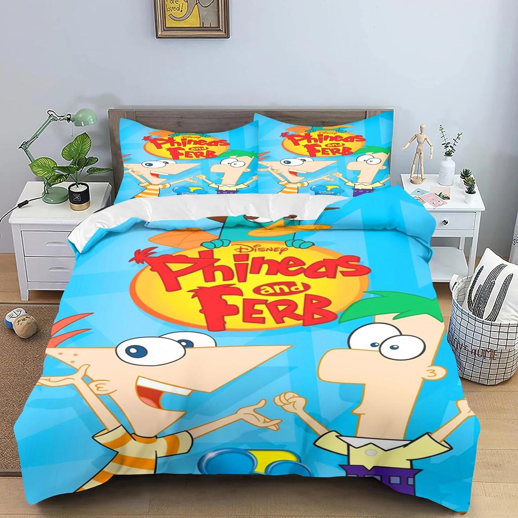 Phineas a Ferb Povlak na přikrývku, Kreslený potisk Polyesterová přikrývka do dětské ložnice, Anime, Útulné ložní prádlo do pokoje, Různé velikosti