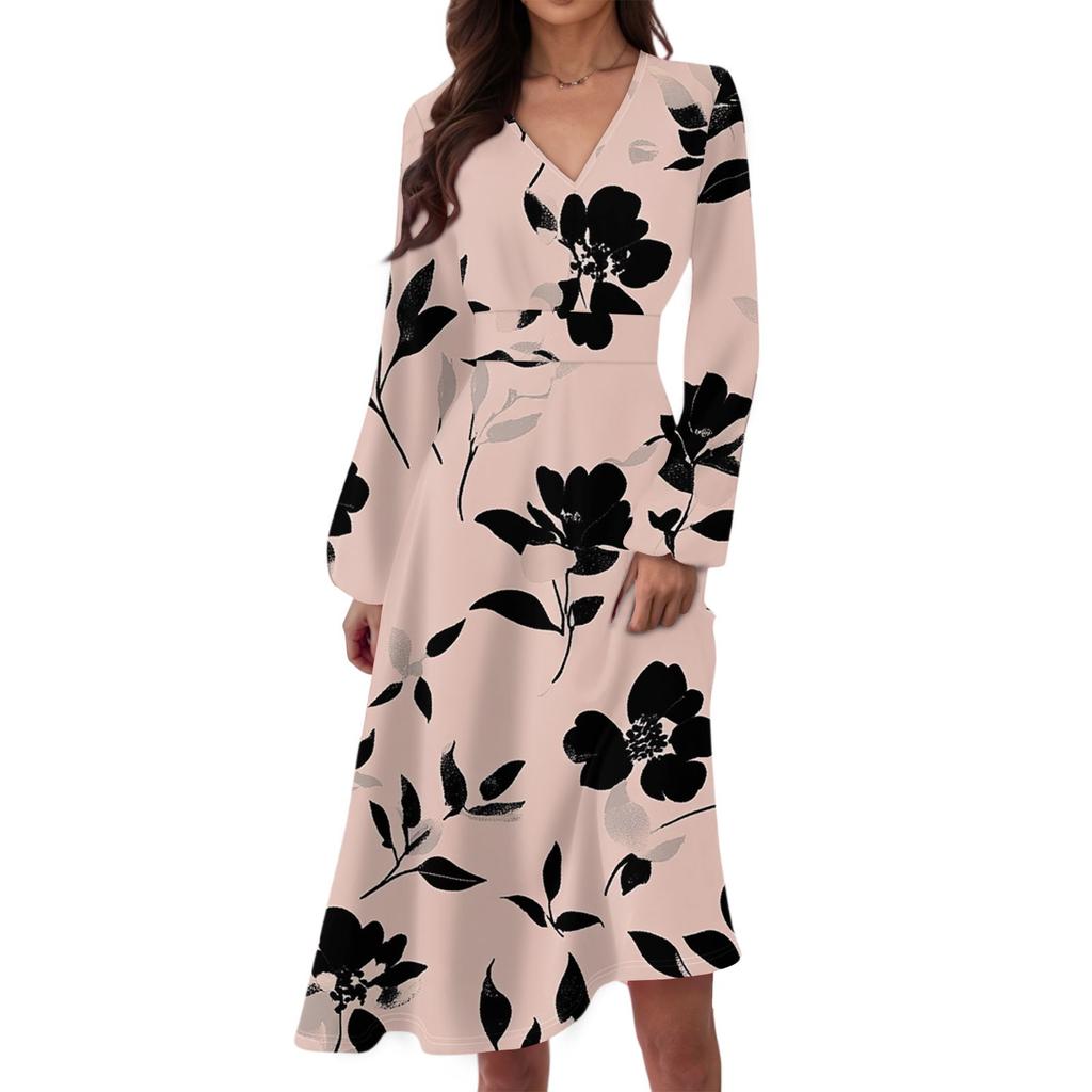 Women's Casual Fashion Floral Print V-neck Long Sleeve Waist Long Dress