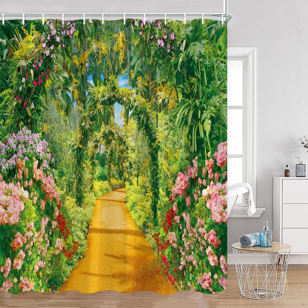European Arched Door Shower Curtains European Garden Flowers Plants Bathroom Decoration Vintage Polyester Bath Curtain with Hook