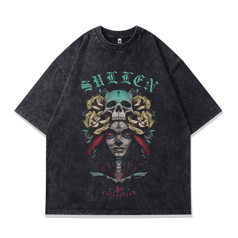 

American Street Gangster Print Half-Sleeved Vintage Top Retro Casual Washed Old Short-Sleeved T-Shirt Men And Women XXL
