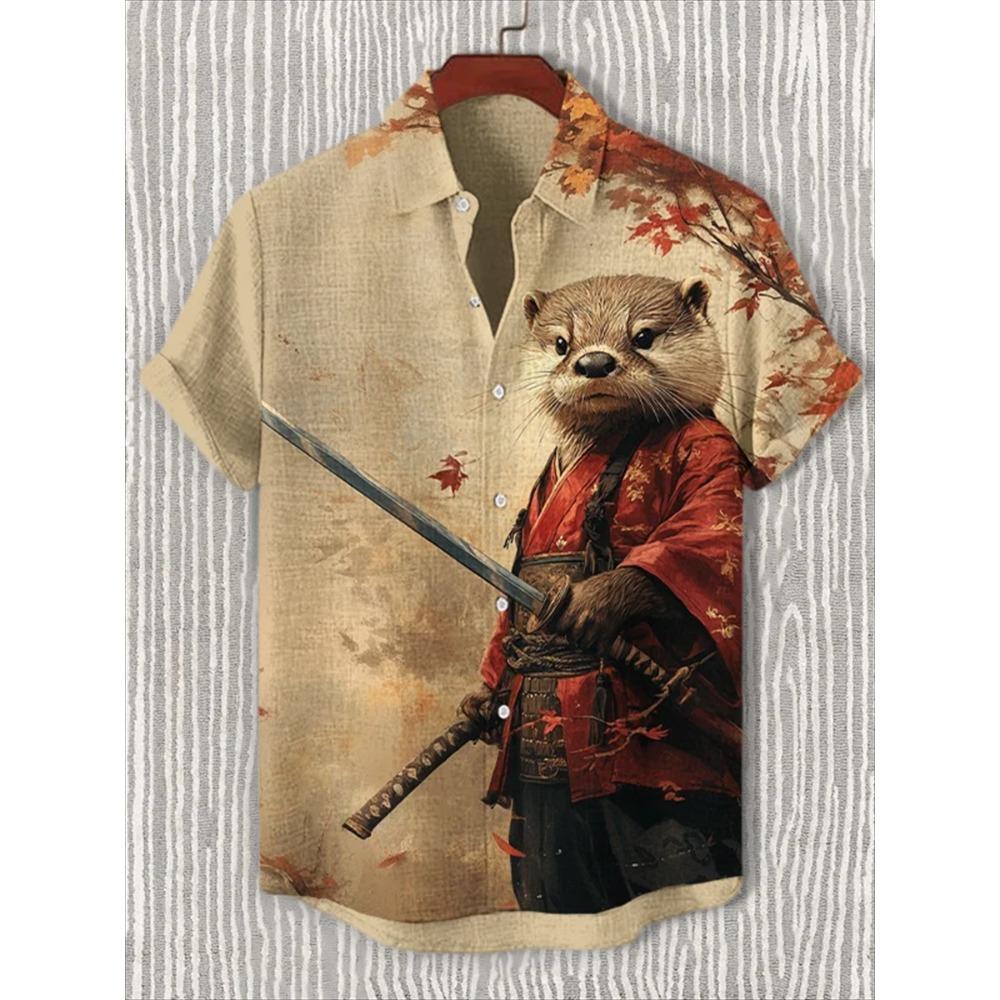 Animal Pattern, Fashion Trend, Street Outdoor, High-Quality And Comfortable Linen Men's Short Sleeved Casual Shirt