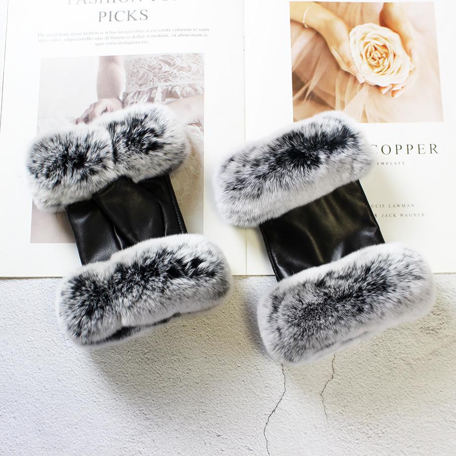 Fashionable New Sheepskin Fingerless Gloves Women's Black Leather Rabbit Fur Velvet Lined Winter Warm Short Half Finger Gloves