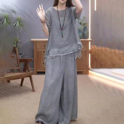 2-teiliges Oberteil- und Hosen-Set für Damen, Rundhalsausschnitt, Halbarm, unregelmäßiger Saum, Bluse, weites Bein, elastische Taille, weite Hose, Alltags-Freizeit-Dating-Outfit