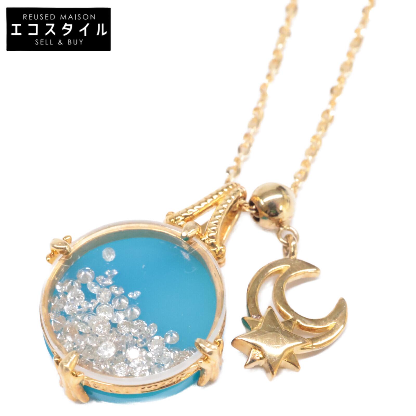 

K18 Junko Ishigaki QVC Mille Chante Diamond Turkey Stone Pendant Top & Moon Design Necklace Yellow GoldUsed
