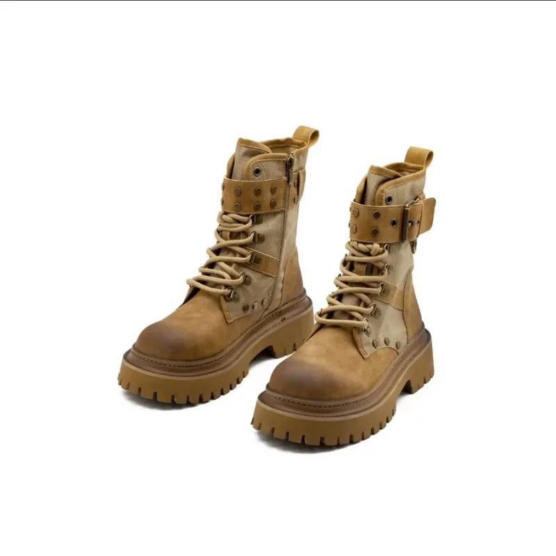 Ladies Shoes  High Quality Side Zipper Women's Boots Fashion Cross Lacing Office and Career New Round Toe Mid-Calf Boots